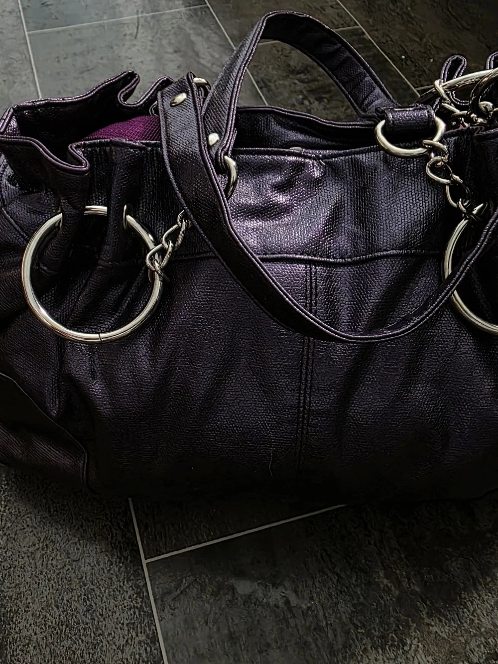 Metallic Purple Shoulder Bag with Chain Accent